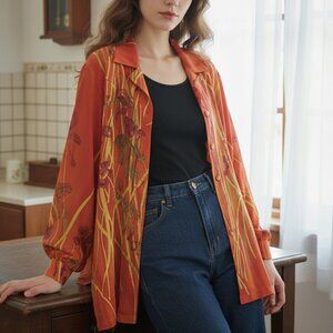 Vintage 90s  orange autumn leaves flowy button-up shirt